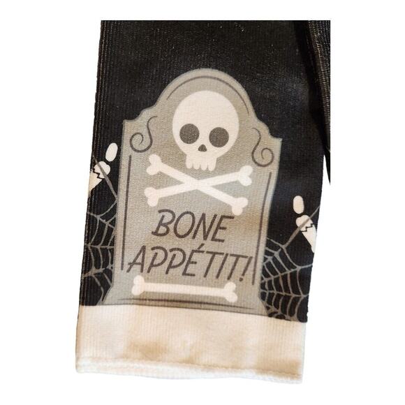 Halloween Kitchen Towels BONE Appetit Skull & Crossbones on Tombstone Web Set 2 - Picture 2 of 8
